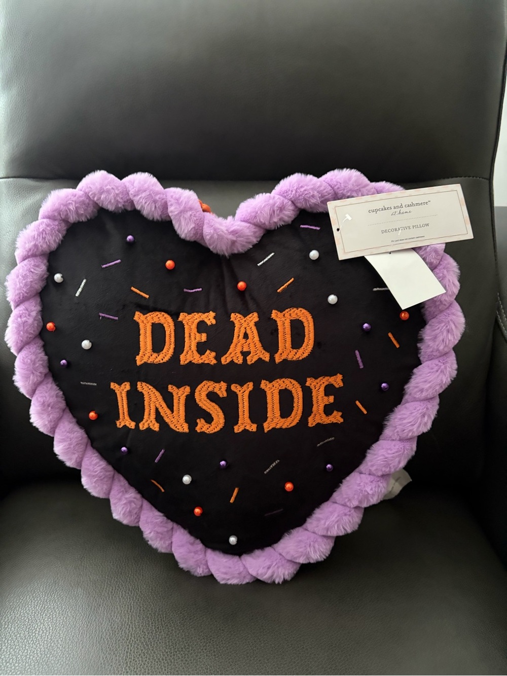 NWT Cupcakes & Cashmere Dead Inside Halloween Heart Throw Pillow 15”